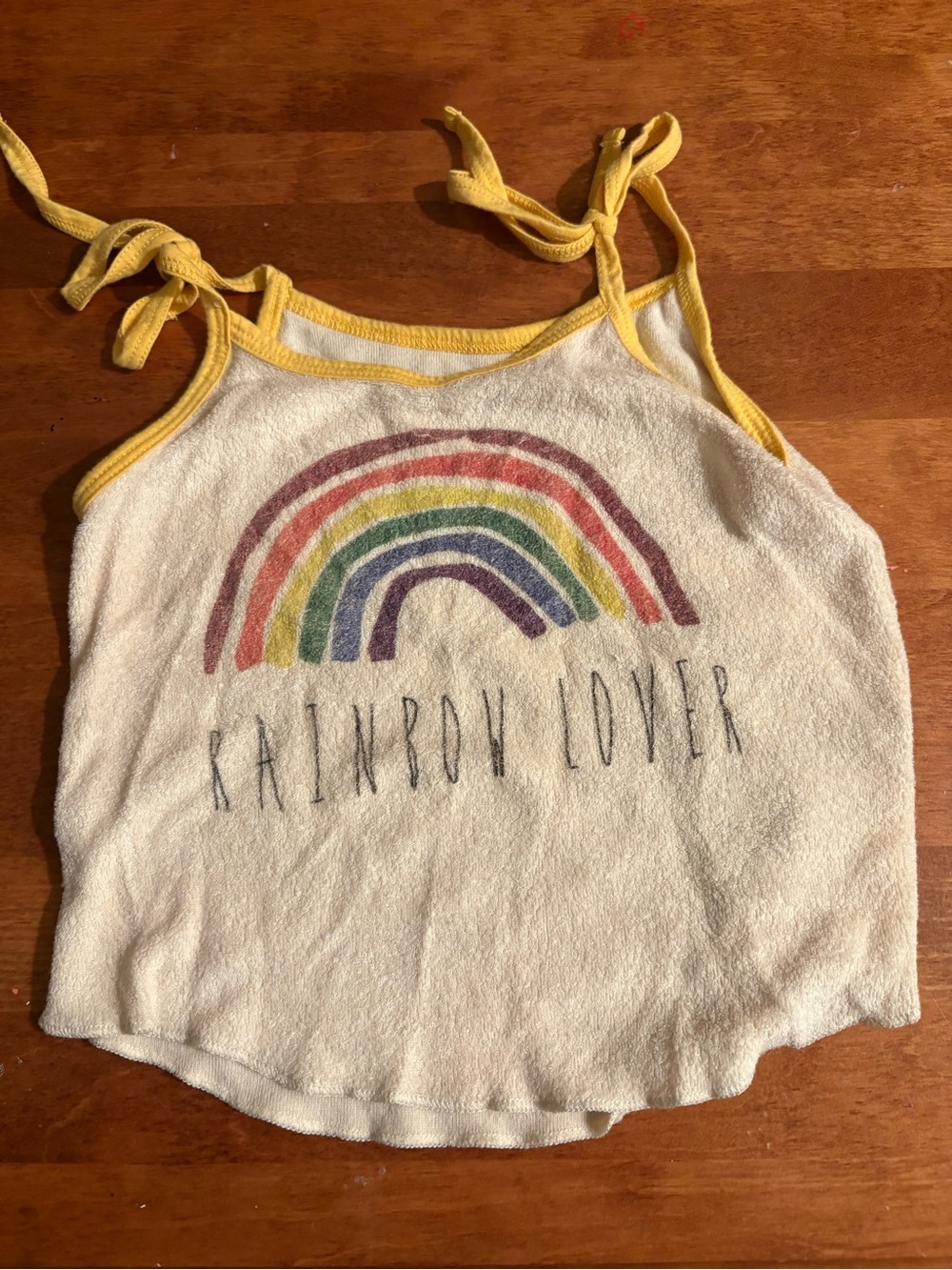 Rowdy Sprout White Tank Top with Yellow Trim and Rainbow Graphic